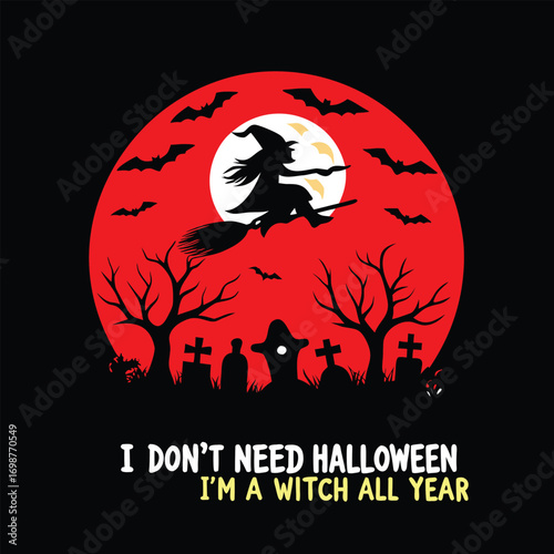 Spooky Halloween Witch Design with Bats Tombstones and a Red Moon
