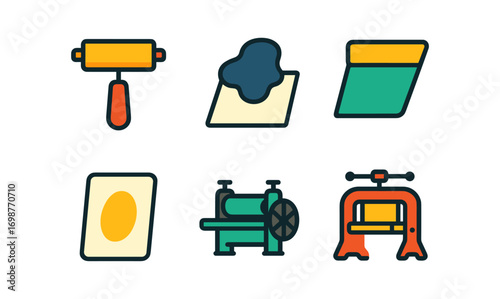 Printmaking tools icons: roller, plate, squeegee, press machines in flat style