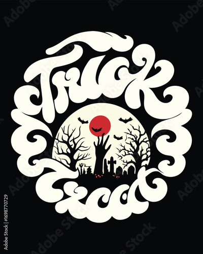 Groovy Halloween T-shirt Design Featuring a Spooky Graveyard and Bats