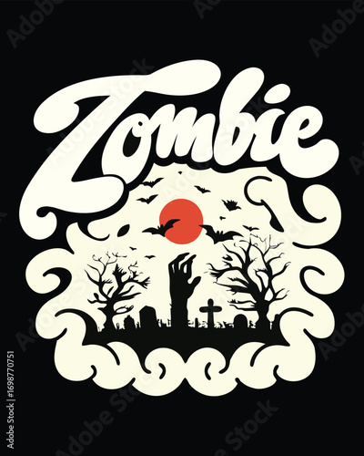 Retro Halloween Zombie T-Shirt Design with Spooky Graveyard Scene