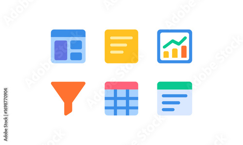 Colorful flat icons set for data management and analytics tools