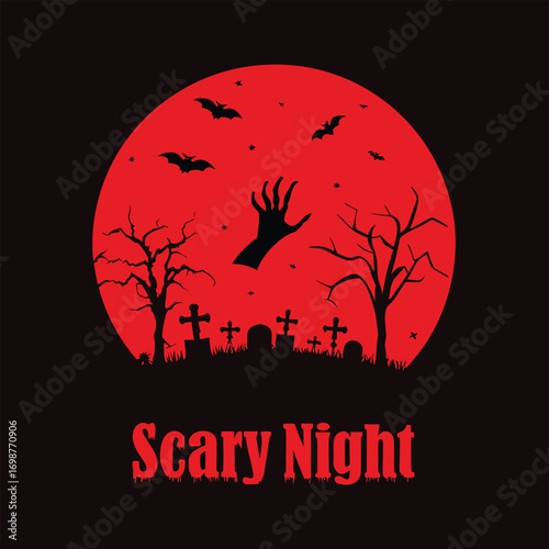 Halloween Scary Night Red Moon Graveyard Scene Graphic