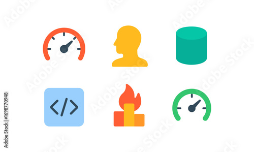 Flat design icon set featuring speedometer, profile, database, code, campfire