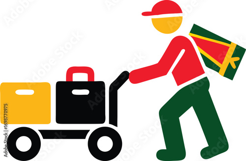 Faceless person transports boxes and present using a cart, isolated against a white background