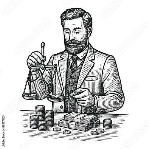 Vintage banker weighing money engraving illustration