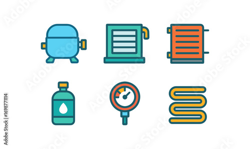 Flat design icons for industrial equipment and plumbing system elements