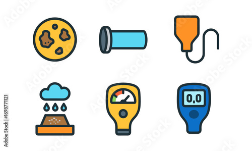 Colorful linear icons of laboratory equipment and weather forecast tools