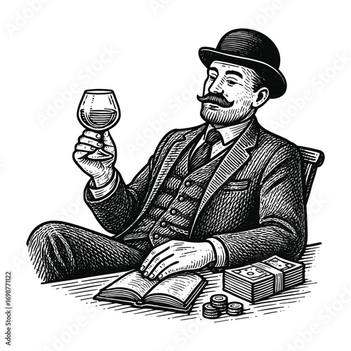 Vintage gentleman with wine glass engraving illustration