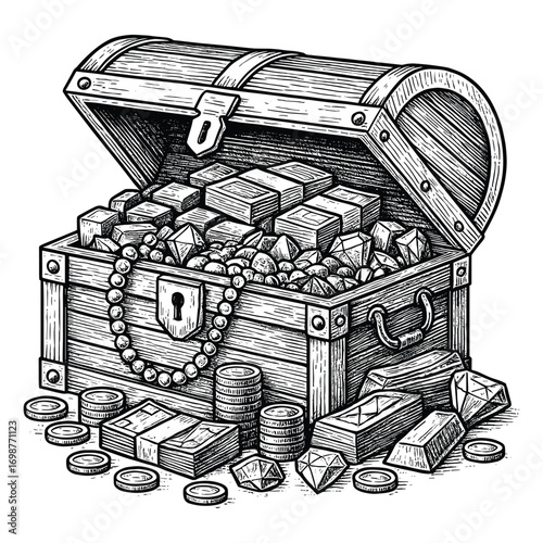 Vintage treasure chest engraving vector illustration