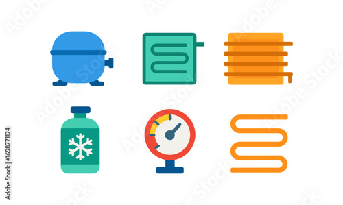 Colorful set of heating and cooling system icons in flat design style