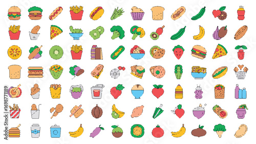 A collection of 80 colorful food and drink icons arranged in 10 rows on a white background.  