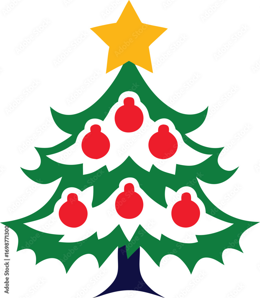 Fototapeta premium Decorated green christmas tree features a yellow star and red ornaments on white