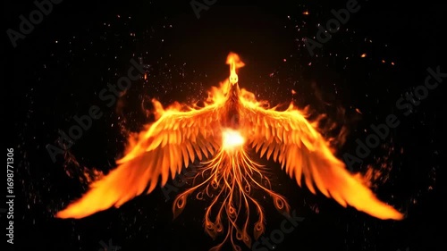 Fiery phoenix bird regenerating from and transforming into a burst of bright orange flames and sparks on black background footage.
