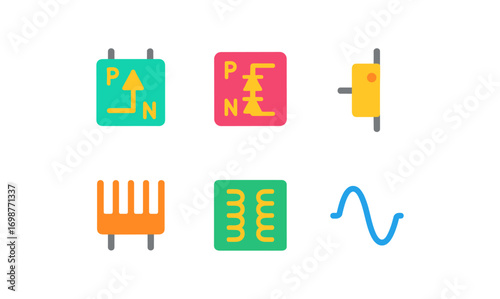 Colorful set of minimal electronic component icons on white background