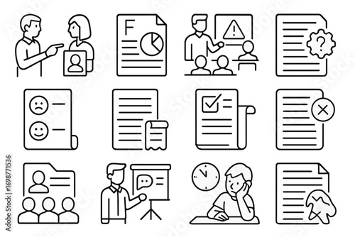 Education Complaint Icons. Line style icons of education complaints: parent with teacher file, unfair grade form, classroom issue