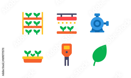Flat icons of indoor farming and hydroponics equipment for sustainable gardening