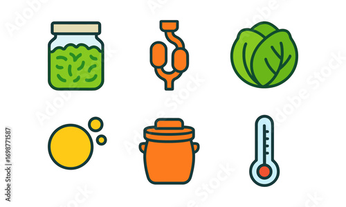 Fermentation icons set: kimchi, sauerkraut, tea, and gut health elements