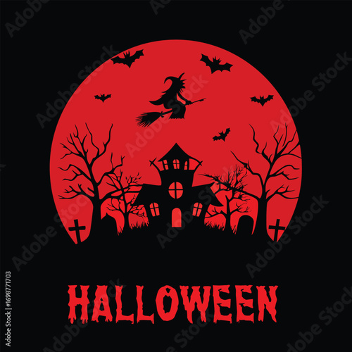 Spooky Halloween Night Scene with Witch and Haunted House