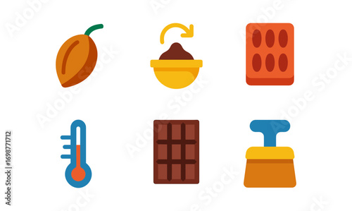 Cacao candy process icons: flat style illustrations of chocolate production stages