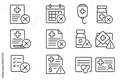 Medical Rejection Icons. Line style icons of medical rejections: denied insurance claim, rejected appointment, unapproved