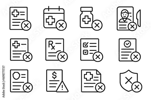 Medical Rejection Icons. Line style icons of medical rejections: denied insurance claim, rejected appointment, unapproved