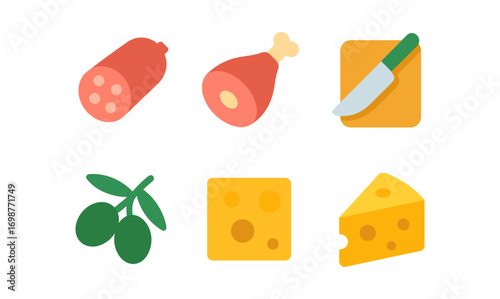 Flat style food icons: salami, ham, knife, olives, cheese