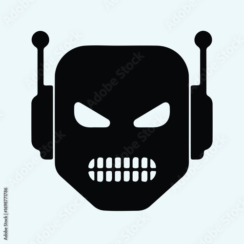 Illustrator Vector Robotic head with antennas and angry expression silhouette