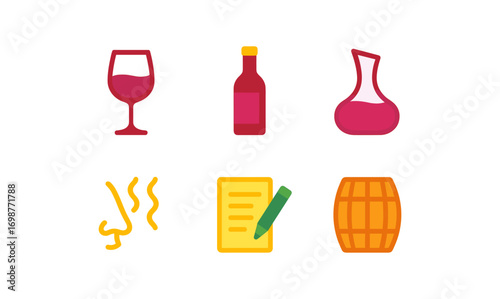 Wine tasting essentials: glasses, bottle, decanter, aroma, notes, barrel icons