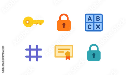 Colorful flat security and education icons with locks and certificates