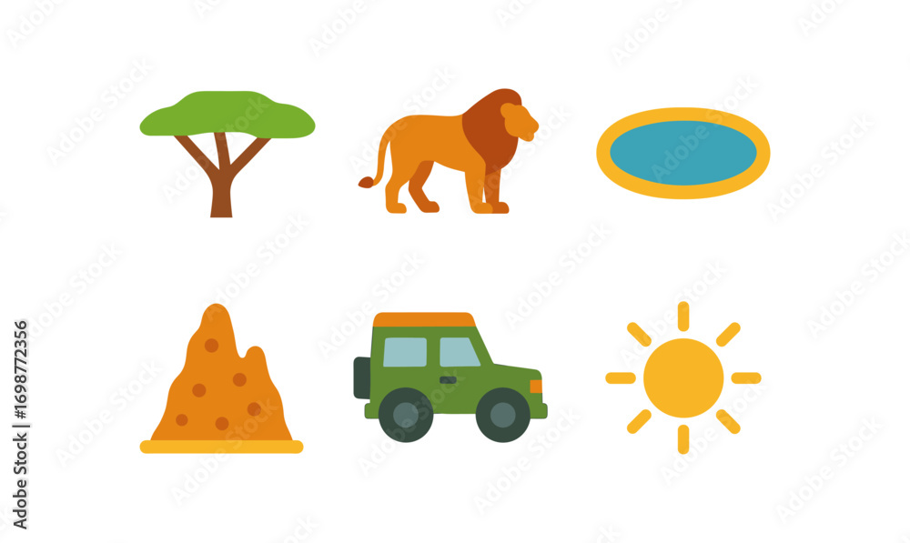 Fototapeta premium Safari adventure icons: flat style collection of wild animals, nature, and vehicles