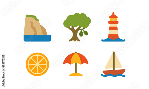 Coastal elements in flat design: beach, nature, and nautical icons