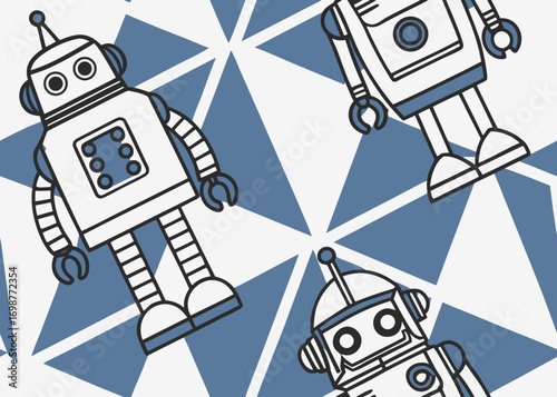 Robots illustrated in geometric pattern with blue and white colors  