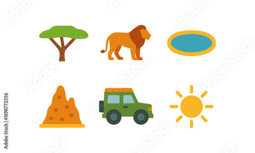 Safari adventure icons: flat style collection of wild animals, nature, and vehicles