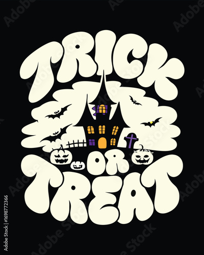 Whimsical Halloween Fun Trick or Treat with Spooky House and Bats