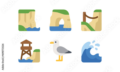 Minimalist coastal icons: cliff, arch, rope bridge, lookout, seagull, wave