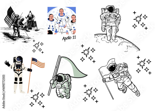 Astronauts Exploring: A compelling illustration showcasing the spirit of exploration and discovery, depicting astronauts planting a flag and embarking on a lunar mission.