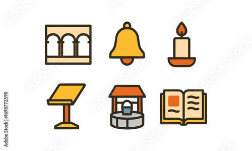 Colorful line art set of medieval church elements including bell and candle