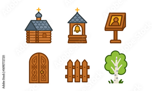 Traditional wooden architecture icons: church, bell tower, pulpit, door, fence, tree