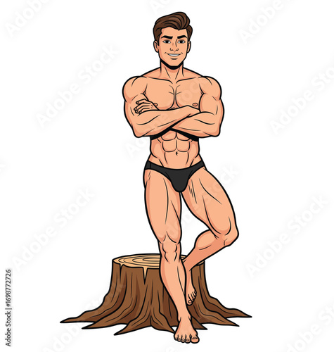 Muscular Male Bodybuilder with a Six Pack Abdomen Posing by a Tree Stump Vector Illustration