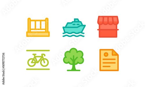 Colorful minimalist icons set featuring urban, nature, and mobility elements