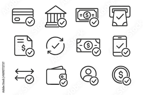 Financial Transaction Icons. Line style icons of financial transaction approvals: successful payment, wire transfer approved,