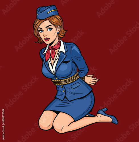 Pin-Up Style Female Flight Attendant Tied Up with Rope Vector Illustration
