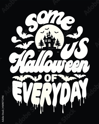 Spooky Halloween T-Shirt Design Featuring Bats, Haunted House, and Fun Typography