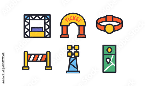 Event and navigation icons set: festival, checkpoint, and map symbols in flat style