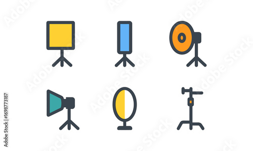 Set of flat style photography studio equipment icons