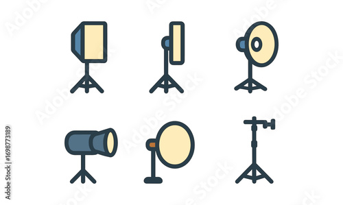 Photography studio equipment icons featuring lighting and softbox