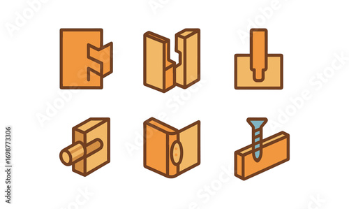Colorful flat style icons of wood joint techniques for carpentry and woodworking