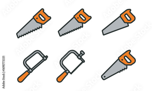 Hand saw collection: simple flat icons of various hand tools with orange handles