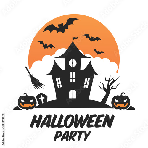 Spooky Halloween Night Party at the Haunted House with Bats and Pumpkins
