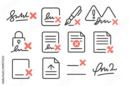 Rejected Signature Icons. Line style icons of rejected signatures: crossed signature, invalid signature icon, pen error mark,